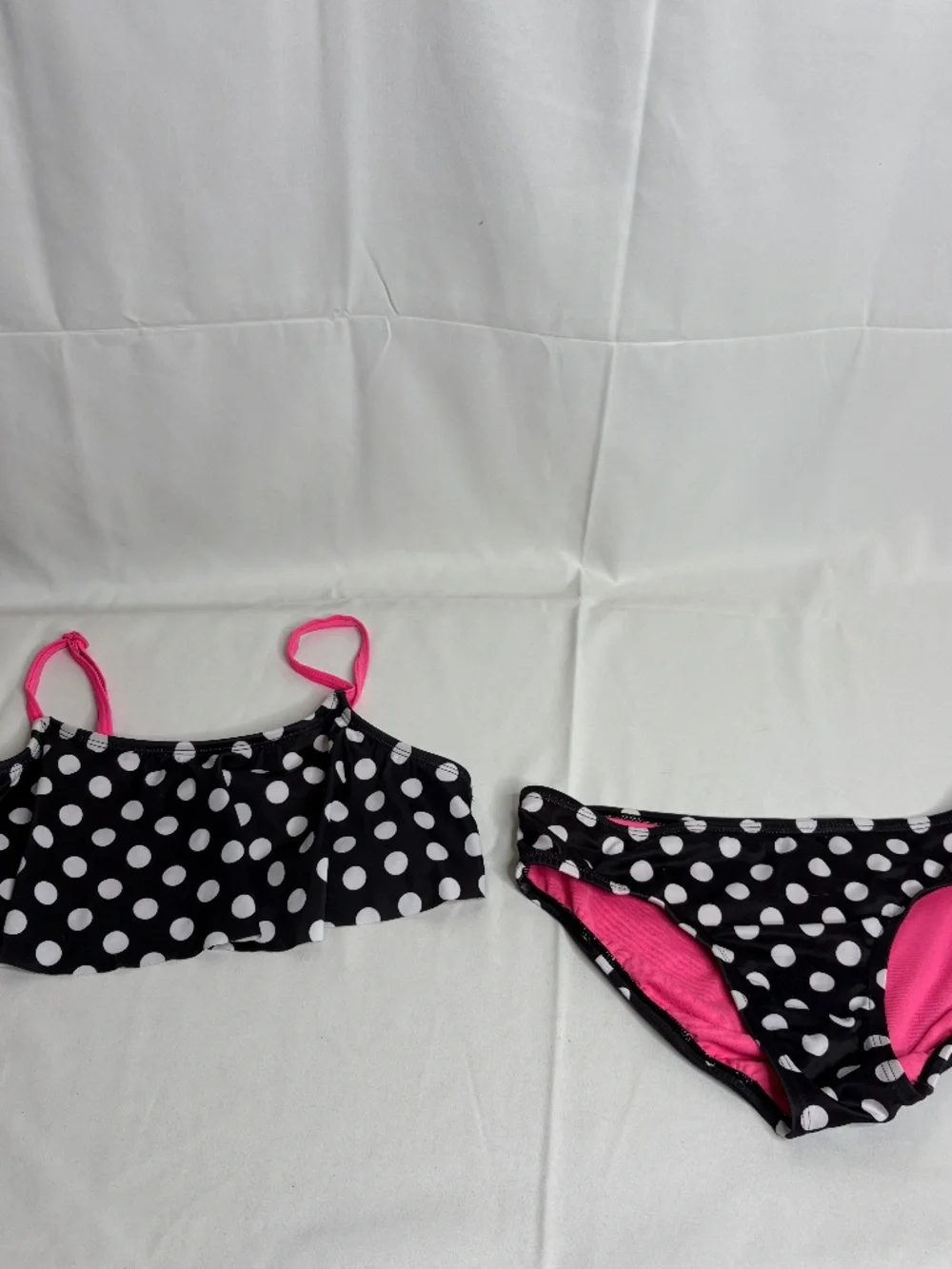 Vintage JUSTICE 2 pc Black White Polka Dot Hot Pink Bikini Swimsuit Girl's 14